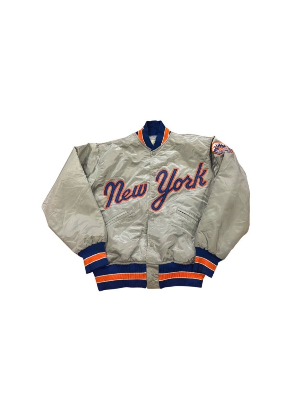 Vintage 80s Felco New York Mets Script Silver MLB Satin Bomber Jacket Medium